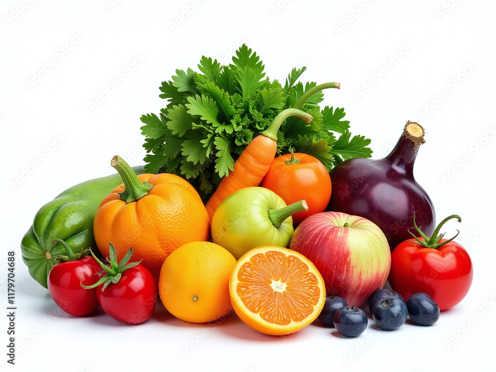 A Colorful Arrangement Of Seasonal Fruits And Vegetables Is Isolated On A White Background In This Vibrant Composition. 00001 A Colorful Arrangement Of Seasonal Fruits And Vegetables Is Isolated On A White Background In This Vibrant Composition. 00001
