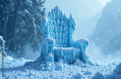 Fairytale winter landscape with ice sculpture of throne. 3D rendering. photo