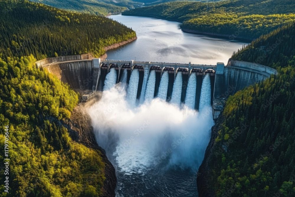 Hydroelectric dam with cascading water in forest Hydroelectric dam with cascading water in forest