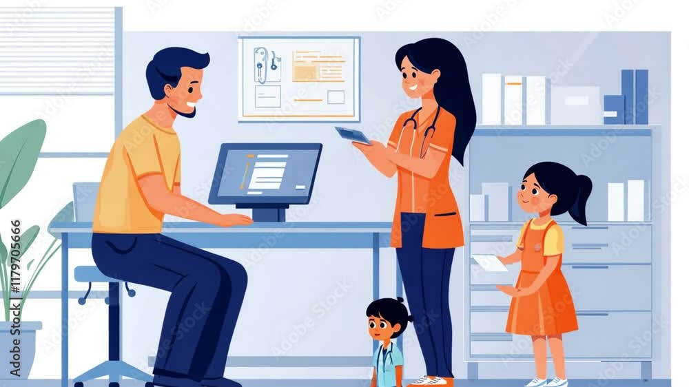 A healthcare setting with a doctor and patient interacting at a computer. A healthcare setting with a doctor and patient interacting at a computer.