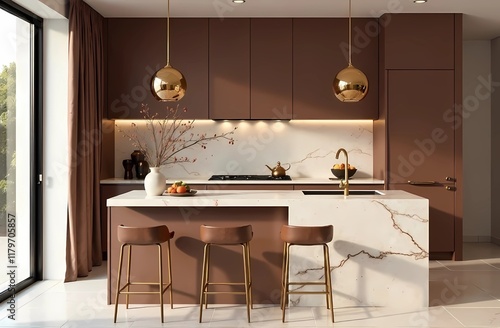 Contemporary 2025 Mocha Mousse color, Mocha Mousse chocolate shades. Elegant and cozy kitchen design with marble countertops and gold elements