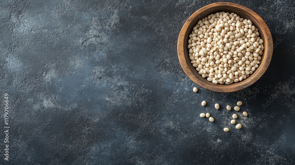 Bowl of raw white beans on concrete surface rustic style with scattered beans for culinary and organic food concepts Bowl of raw white beans on concrete surface rustic style with scattered beans for culinary and organic food concepts