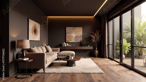 Wallpaper Mural Living room interior in Mocha mousse tones, minimalist design hallway, home concept, sofa, modern house Torontodigital.ca