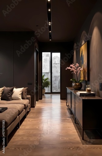 Living room interior in Mocha mousse tones, minimalist design hallway, home concept, sofa, modern house