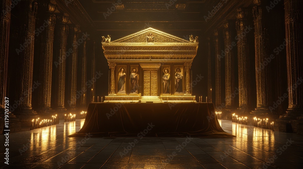 Naklejka premium A golden tabernacle with biblical scenes on a velvet altar casting deep shadows