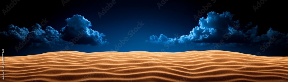 Naklejka premium Desert Night Sky: Golden Sands meet a dramatic, dark blue night sky filled with luminous clouds. A landscape of mystery and serene beauty. 