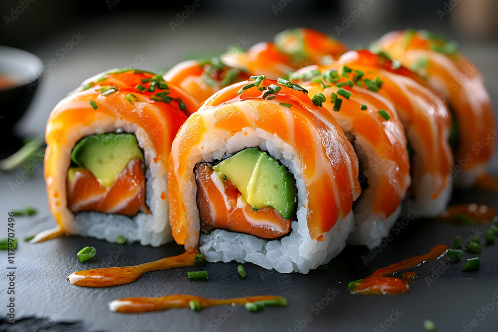 Close-up of a delicious salmon avocado sushi roll, beautifully plated with a side of soy sauce and garnished with chives. Close-up of a delicious salmon avocado sushi roll, beautifully plated with a side of soy sauce and garnished with chives.