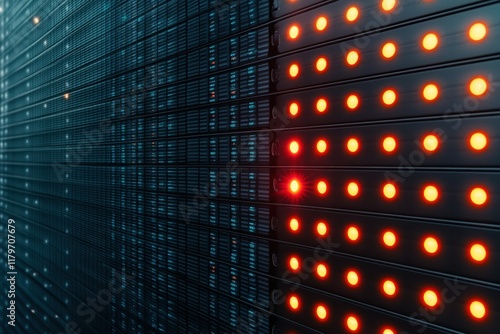 business trends data analysis graph concept. A close-up view of a data storage system with illuminated panels, showcasing a pattern of lights indicating active connections or data processing.