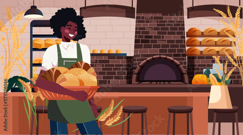 Bakery scene smiling baker holding bread. Cozy bakery interior with brick oven shelves of loaves and wheat decoration. Warm colors and inviting atmosphere