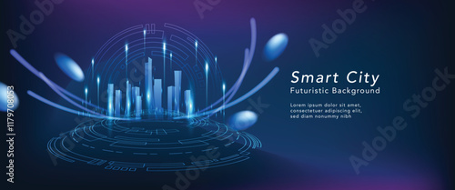 Smart city on blue background. Smart city low poly wireframe on blue background. Technology concept. Vector illustration.