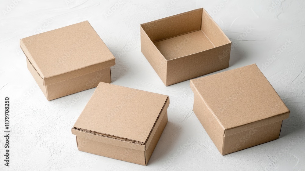 Cardboard Boxes in Various Sizes Arranged on White Surface Suitable for Packaging and Storage Concepts Cardboard Boxes in Various Sizes Arranged on White Surface Suitable for Packaging and Storage Concepts