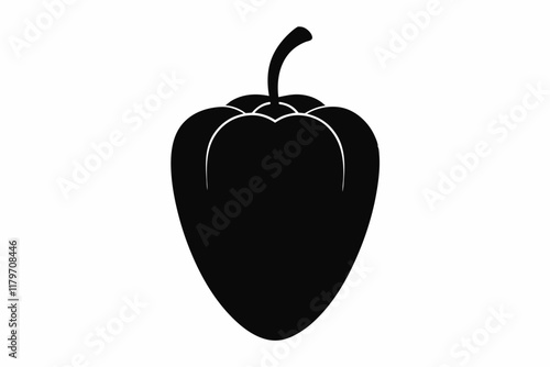 pepper black silhouette on white background. Sweet vegetable Capsicum pepper icon | Black Vector illustration. Bell pepper. Icon with reflection on white background.