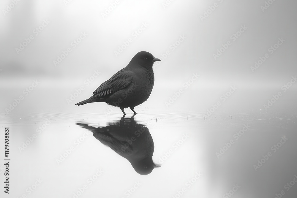 tranquil black and white nature photography of solitary bird standing gracefully at waters edge with artistic reflection in still water tranquil black and white nature photography of solitary bird standing gracefully at waters edge with artistic reflection in still water