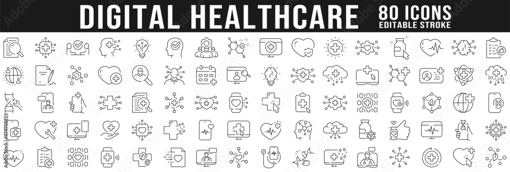 Big set of digital healthcare line icons. Diagnosis, technology, app etc. Editable stroke Big set of digital healthcare line icons. Diagnosis, technology, app etc. Editable stroke