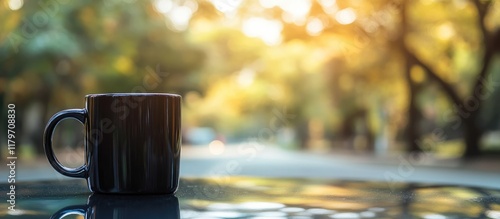 Black ceramic mug mockup on car hood surrounded by blurred road and trees ideal for adding custom text or branding elements photo