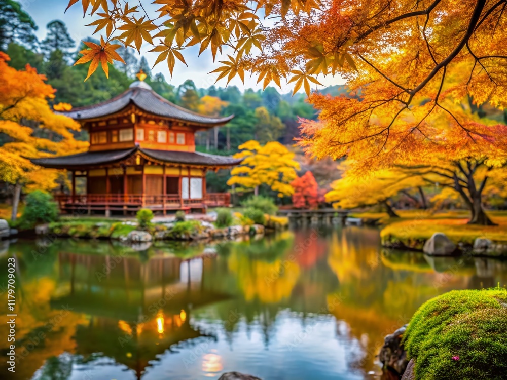 Fototapeta premium Kyoto Autumn Serenity: Golden Leaves and Ancient Temple Depth of Field