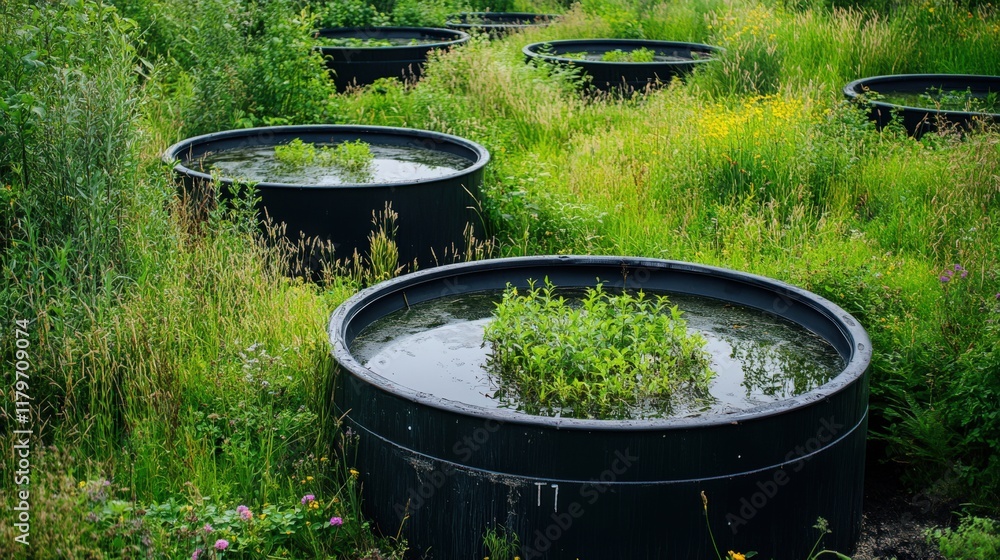 A row of black tanks filled with water and plants A row of black tanks filled with water and plants