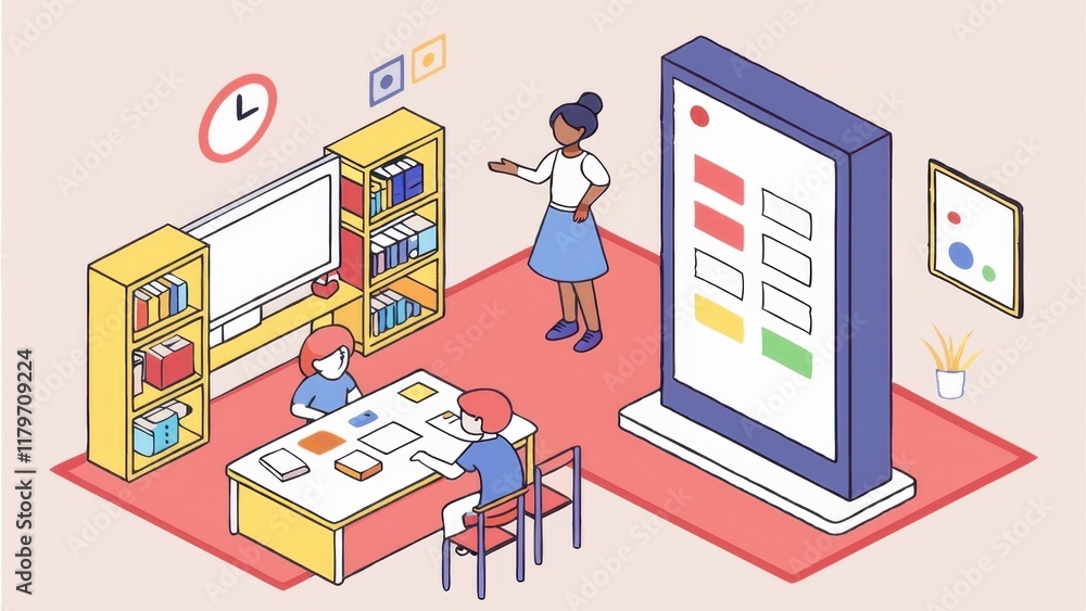 A colorful classroom scene with a teacher guiding students at a table, surrounded by bookshelves and a large interactive screen. A colorful classroom scene with a teacher guiding students at a table, surrounded by bookshelves and a large interactive screen.