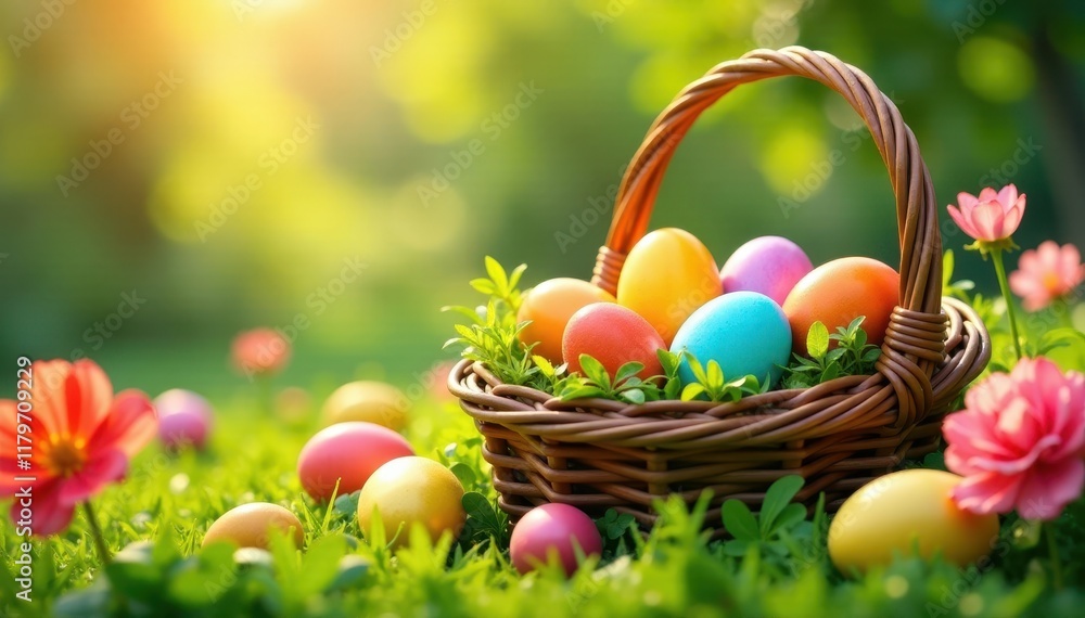 Naklejka premium Basket overflowing with colorful eggs in the sunshine, surrounded by vibrant flowers and greenery, eggs, flowers