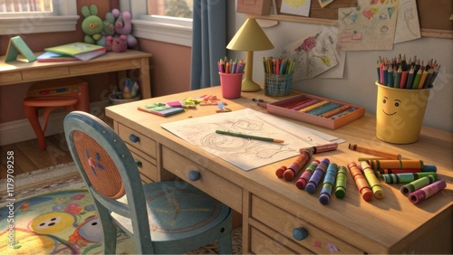 Wallpaper Mural A colorful children's study space, featuring a wooden desk with art supplies, a lamp, and drawings pinned to a bulletin board. Torontodigital.ca