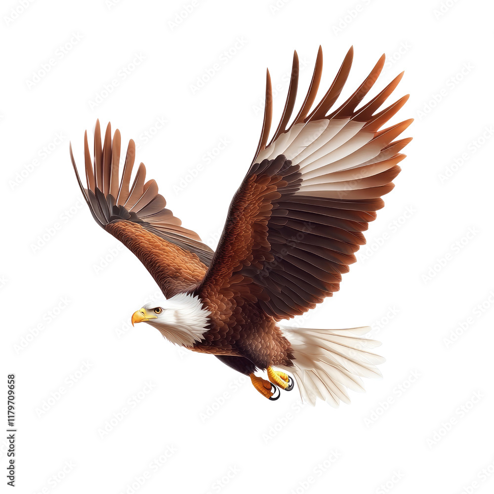 Obraz premium Majestic Bald Eagle Soaring Elegantly Through Clear Blue Sky with Detailed Feather Patterns and Outstretched Wings