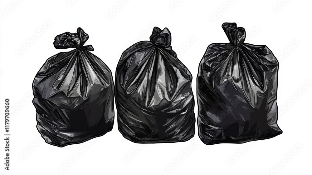 Set of black garbage bags. Isolated on white background. Vector illustration. Set of black garbage bags. Isolated on white background. Vector illustration.