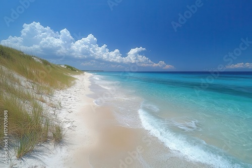 tranquil coastal paradise pristine white sandy beach meeting crystal clear turquoise waters under cottonlike clouds and vibrant blue summer sky photo