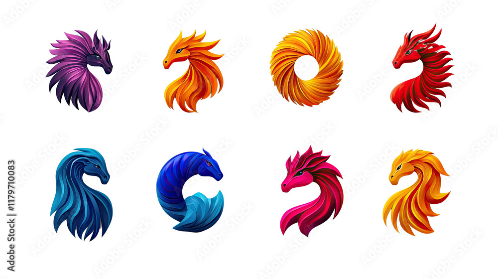 Fototapeta premium Colorful and Artistic Dragon and Phoenix Emblems in Diverse Styles for Creative Projects