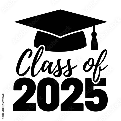Class of 2025, graduation cap, vector black silhouette graphic
