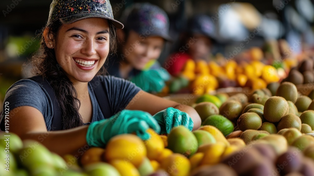 Smiling workers in hats and gloves prepare a vibrant display of fresh kiwis and other fruits at the market, highlighting colorful and fresh produce. Smiling workers in hats and gloves prepare a vibrant display of fresh kiwis and other fruits at the market, highlighting colorful and fresh produce.