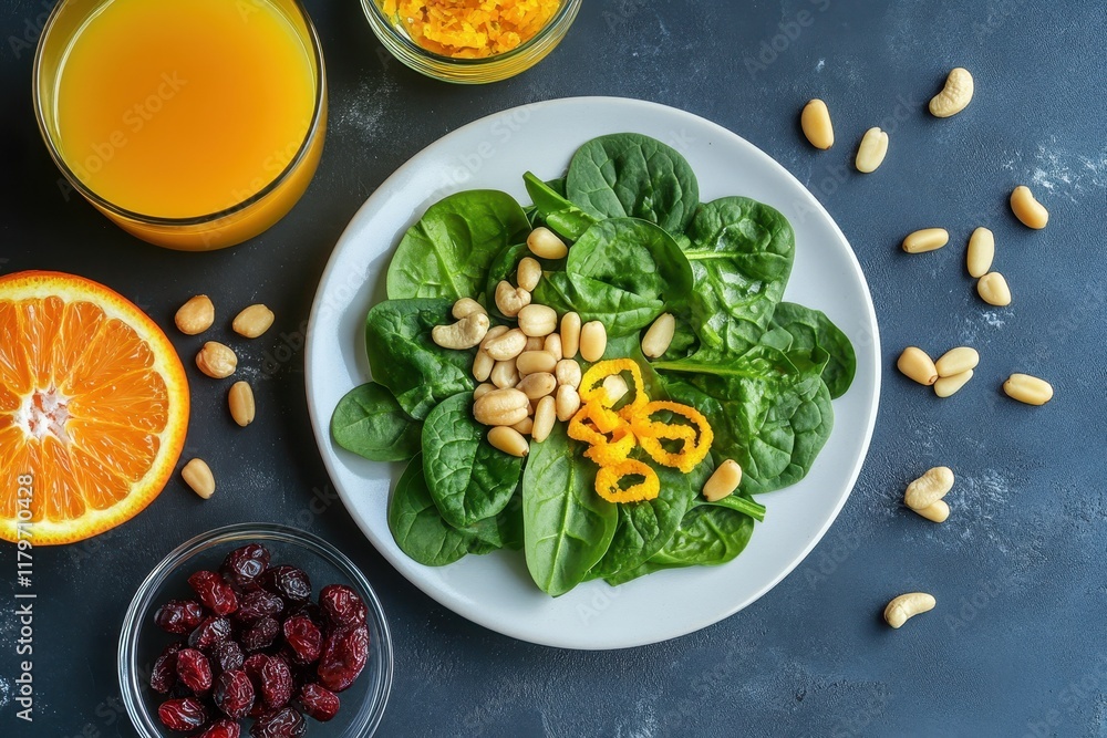 A nutritious salad of spinach pine nuts cranberries cashews zest and orange juice served on a white plate