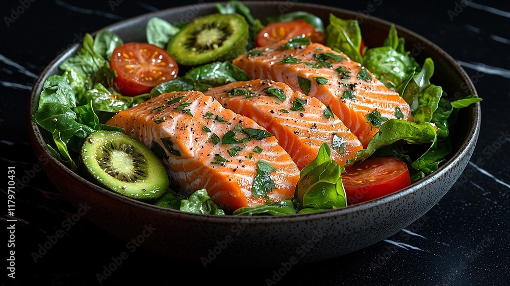 A fresh salmon avocado salad with leafy greens and tomatoes served in a large bowl A fresh salmon avocado salad with leafy greens and tomatoes served in a large bowl