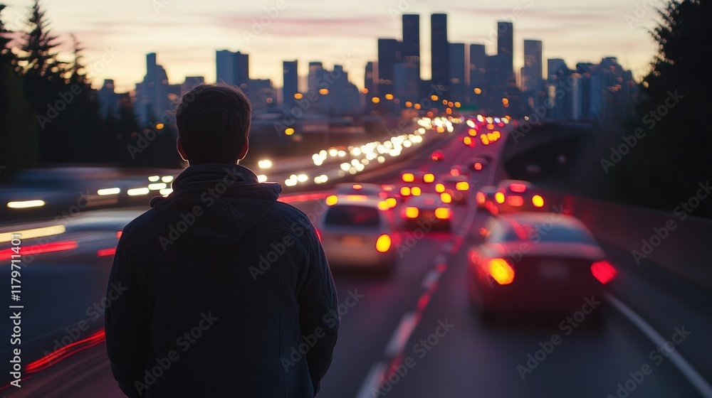 Man on overpass watching city traffic at sunset. Man on overpass watching city traffic at sunset.