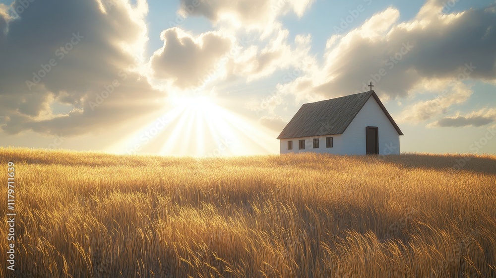A simple chapel with a thatched roof in a wide plain the sun casting beams of light onto the building A simple chapel with a thatched roof in a wide plain the sun casting beams of light onto the building
