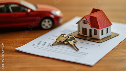 Car and house insurance concept, Financial concept with keys, car, and house on documents