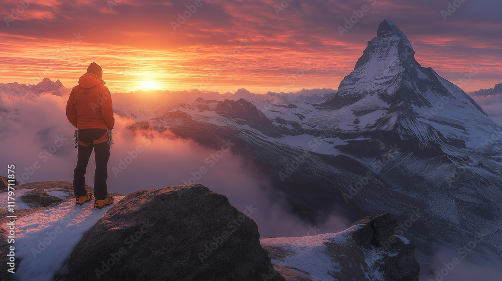 A person climbs tall mountains in competition with himself.