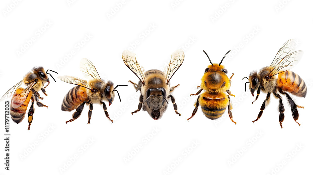 Close-up View of Various Honey Bee Species Displayed in a Row with Fine Detail and Clarity Close-up View of Various Honey Bee Species Displayed in a Row with Fine Detail and Clarity