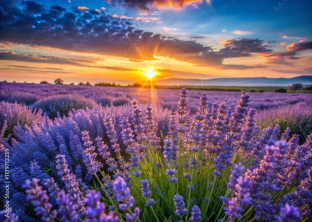 Naklejka premium Lavender Field Bloom: Stunning Purple Flowers at Sunset, Rule of Thirds Composition