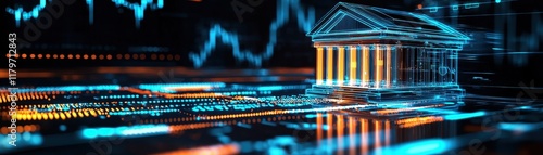 A futuristic digital representation of a bank, showcasing financial data and trends through vibrant visual elements.