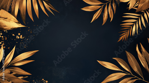 Wallpaper Mural Tropical gold leaves, liana twig on dark black background vector. Botanical design with golden jungle creeper plant stem, isolated exotic plant. Wedding ceremony invitation card, holiday sale template Torontodigital.ca