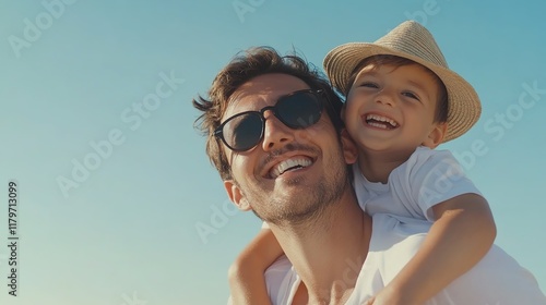 Handsome man in sunglasses and his son wearing a hat on the beach, having fun together.