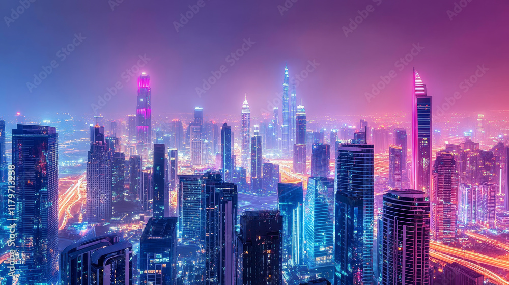 Fototapeta premium Future city, night town with skyscrapers with lights. Vector cartoon neon pink and purple illustration of cityscape with futuristic buildings. Cyberpunk urban landscape