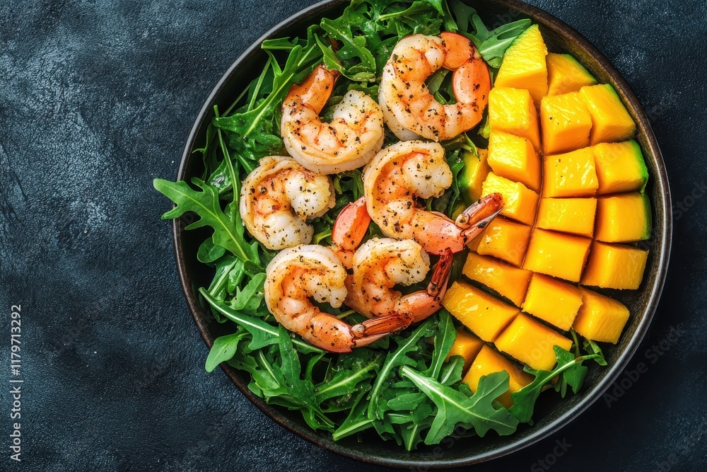 Arugula mango and avocado shrimp salad Healthy eating idea Overhead view Arugula mango and avocado shrimp salad Healthy eating idea Overhead view
