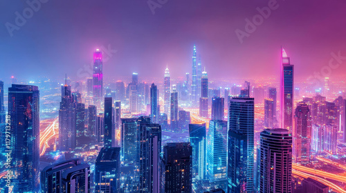 Future city, night town with skyscrapers with lights. Vector cartoon neon pink and purple illustration of cityscape with futuristic buildings. Cyberpunk urban landscape
