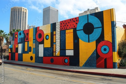 urban contemporary street art mural featuring bold colors and dynamic geometric patterns with modern cultural elements and artistic expression