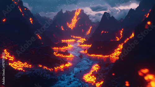 Glowstone river flowing through dark valley beneath night sky 3d render ai generated. Glowstone. Illustration photo