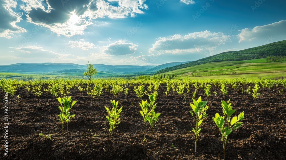 A field of green plants with a cloudy sky in the background A field of green plants with a cloudy sky in the background