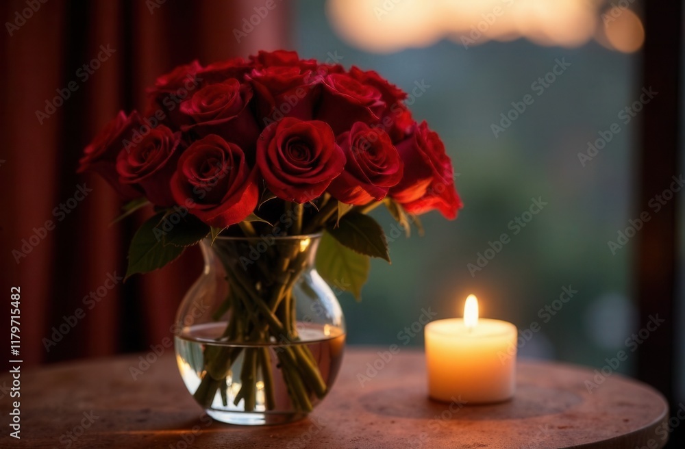 Fototapeta premium A vase of vibrant red roses sits on a table by lit candles