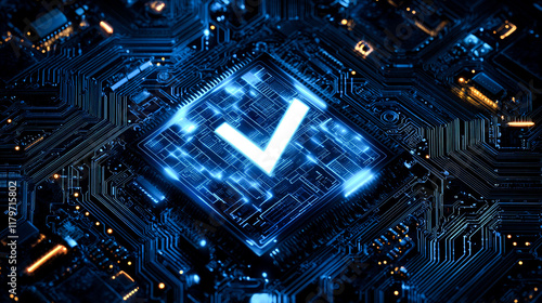 Glowing Check Mark on Futuristic Circuit Board: Digital Success and Technological Advancement