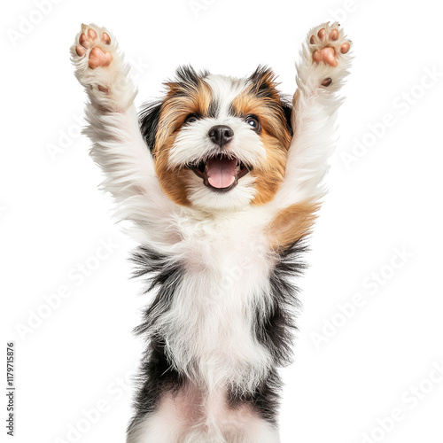 Happy small dog with raised paws celebrating in a joyful pose against a white background
